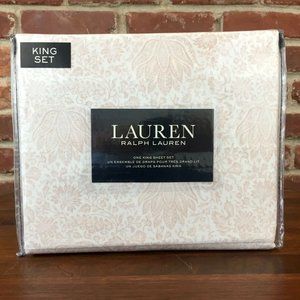 RALPH LAUREN Leafy Floral Cotton KING Sheet Set - Dogwood Pink White